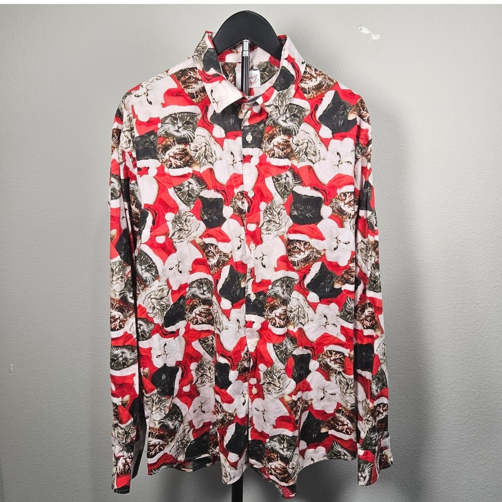 North‎ Pole Trading Co Christmas Cat Shirt Mens XL Red Santa Hat Novelty Festive
